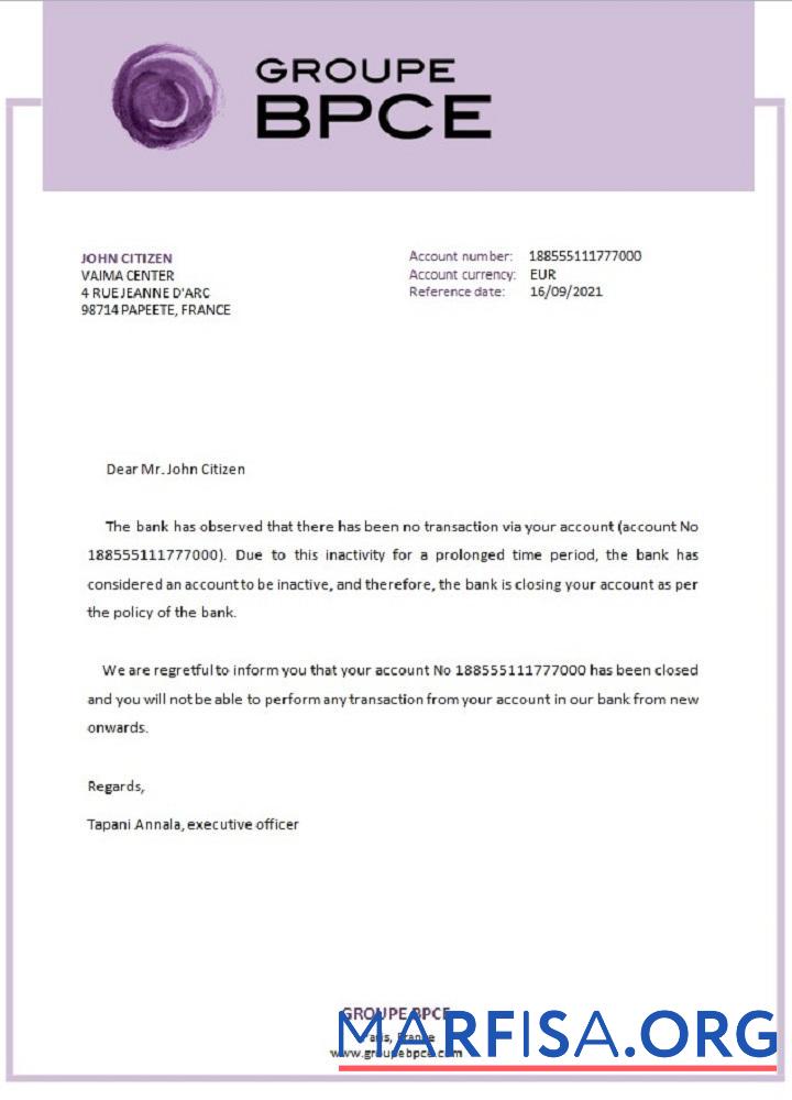 Downloadable France Groupe BPCE closure reference template